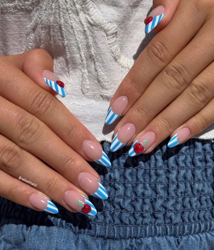 Stiletto French Tips with Blue Stripes and 3D Cherries — Nail Designs