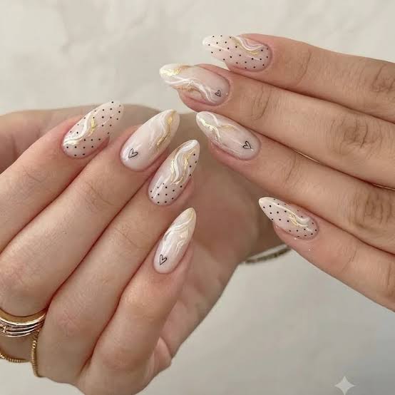Chic Milky White Marble with Black Hearts — Simple Nails