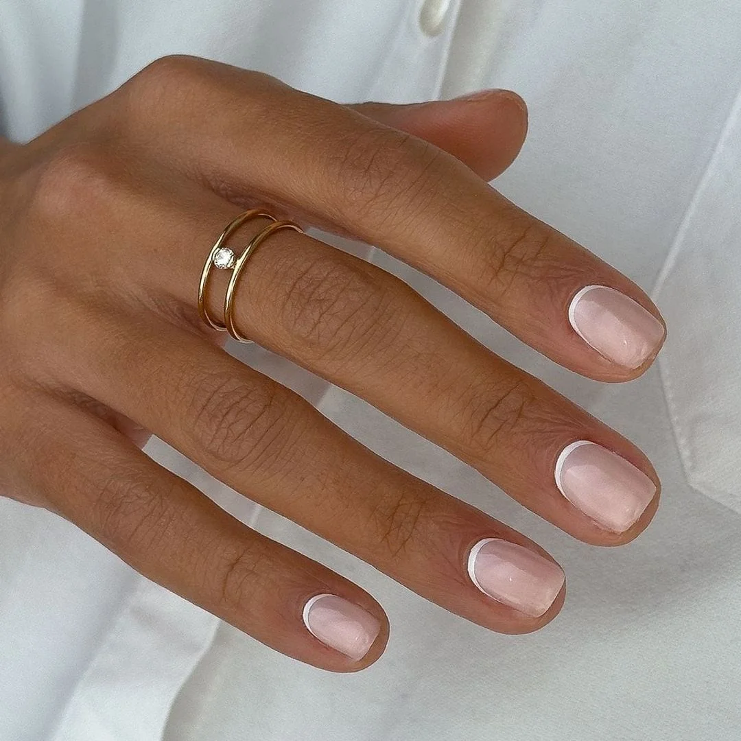 Sheer Pink French with Curved Line — Classy Short Nails