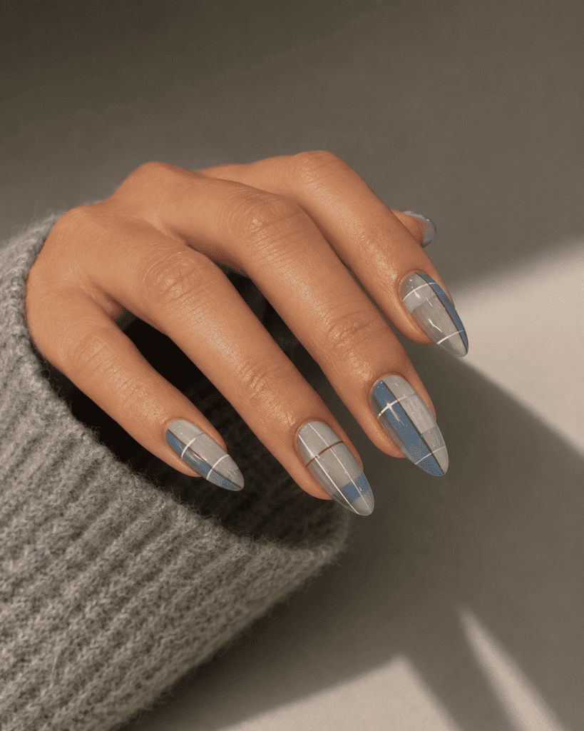 Blue Grey Plaid with Silver Accents Blue Grey Plaid with Silver Accents — Preppy Nails