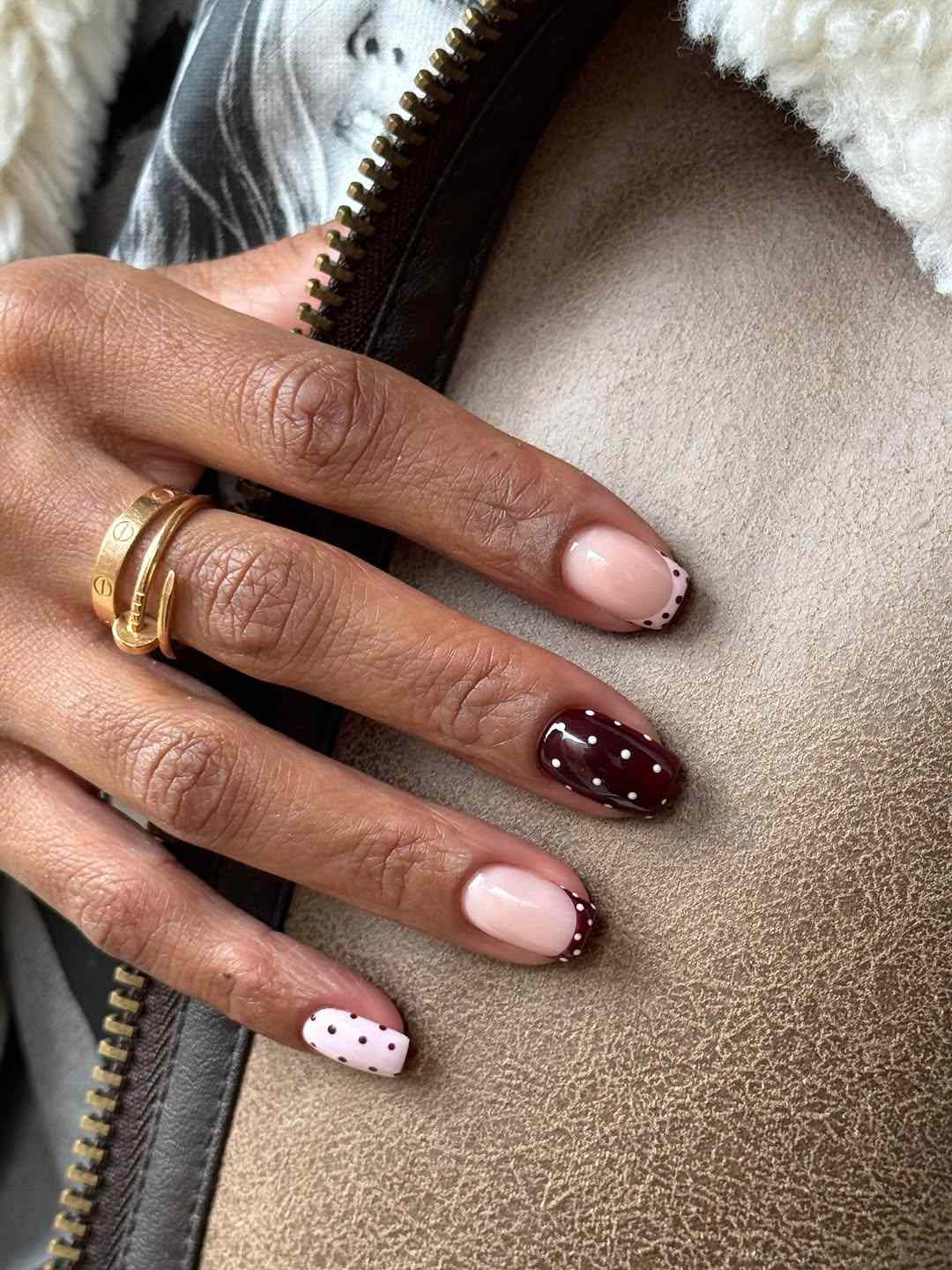 Burgundy & Pink Polka Dot French Tips Burgundy & Pink Polka Dot French Tips — Preppy Nails