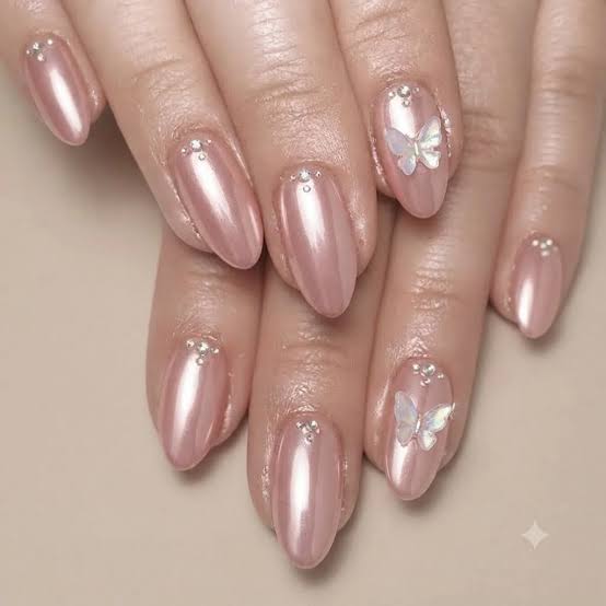 Pearlescent Pink Butterfly Almonds Pearlescent Pink Butterfly Almonds — Y2K Nails