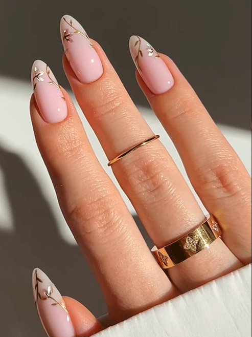 Sheer Pink Gold Leaf Almond Nails — Aesthetic Nails