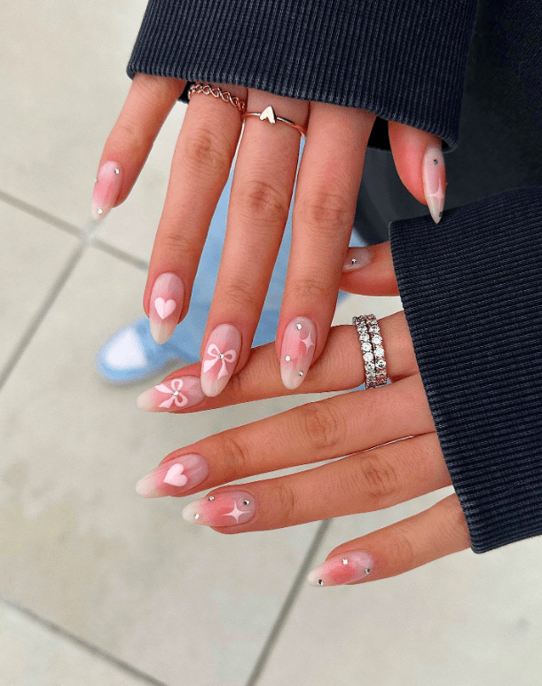 Sheer Base Oval Nails with Pink Bows Sheer Base Oval Nails with Pink Bows — Coquette Nails