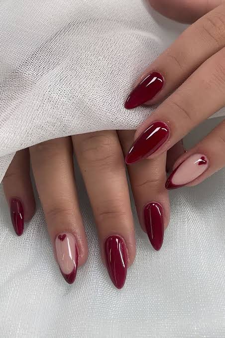 Deep Red French Tip Nails with Hearts Deep Red French Tip Nails with Hearts — Coquette Nails