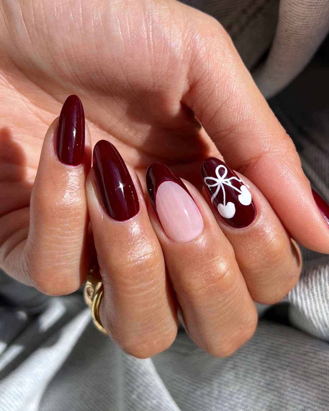 Burgundy Oval Nails with Pink French Tip Burgundy Oval Nails with Pink French Tip — Coquette Nails