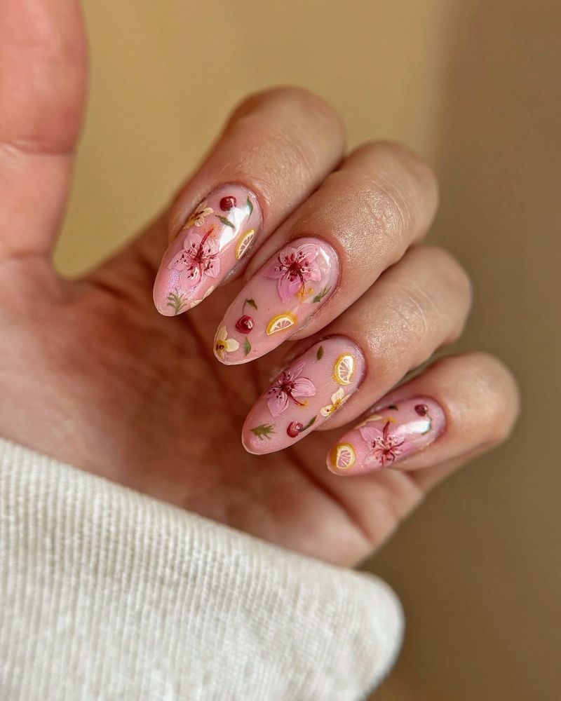 Visual Idea — Long Almond Nails With A Pale Pink Base Visual Idea — Long Almond Nails With A Pale Pink Base — Coquette Nails