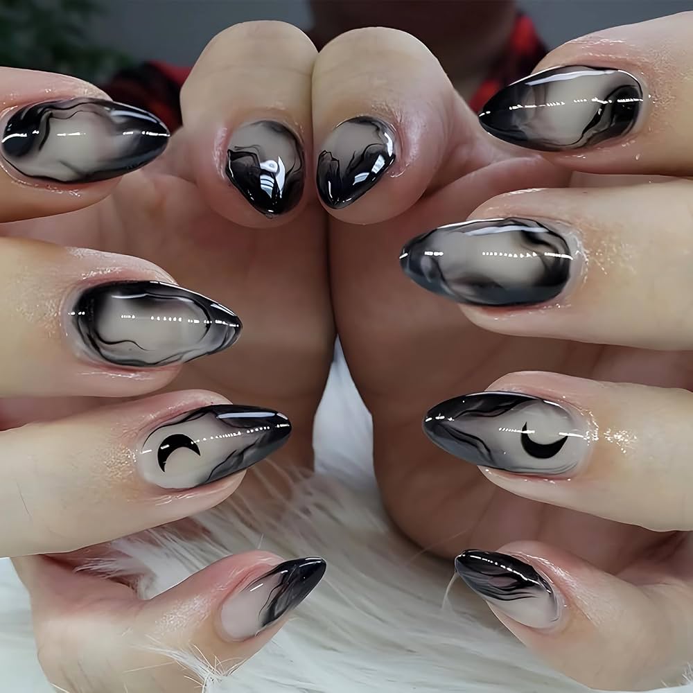 Smoky Black Grey Swirls With Moon Accent Smoky Black Grey Swirls With Moon Accent — Goth Nails