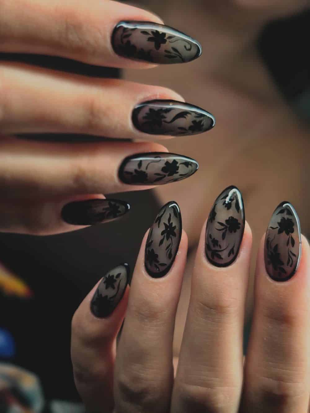 Sheer Black With Opaque Black Lace Sheer Black With Opaque Black Lace — Goth Nails