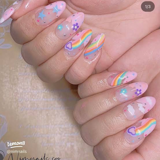 Rainbow Cloud Flower Oval Nails Rainbow Cloud Flower Oval Nails — Kawaii Nails