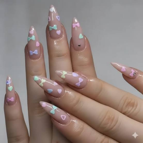 3D Pastel Bows and Hearts Stiletto Nails 3D Pastel Bows and Hearts Stiletto Nails — Kawaii Nails