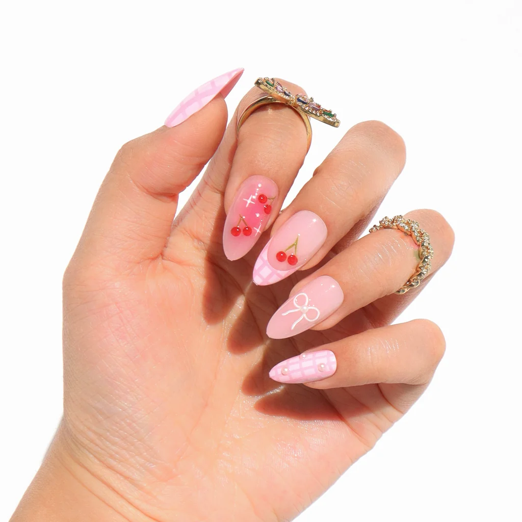 3D Cherry Gingham Stiletto Nails 3D Cherry Gingham Stiletto Nails — Kawaii Nails