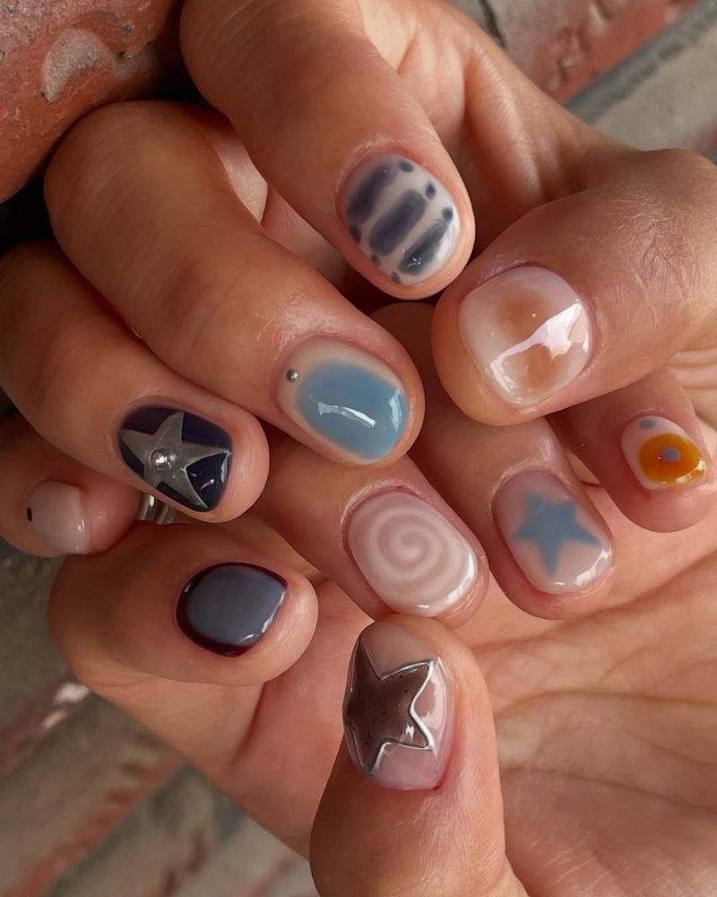 Muted Blue and Gray Jelly Star Nails Muted Blue and Gray Jelly Star Nails — Kawaii Nails