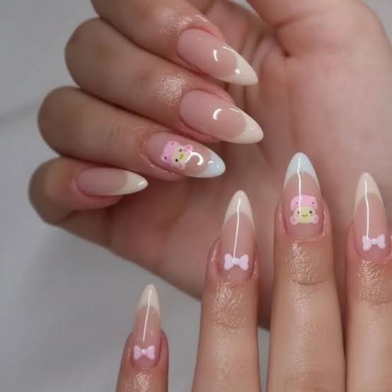 Bear Sticker French Almond Nails Bear Sticker French Almond Nails — Kawaii Nails