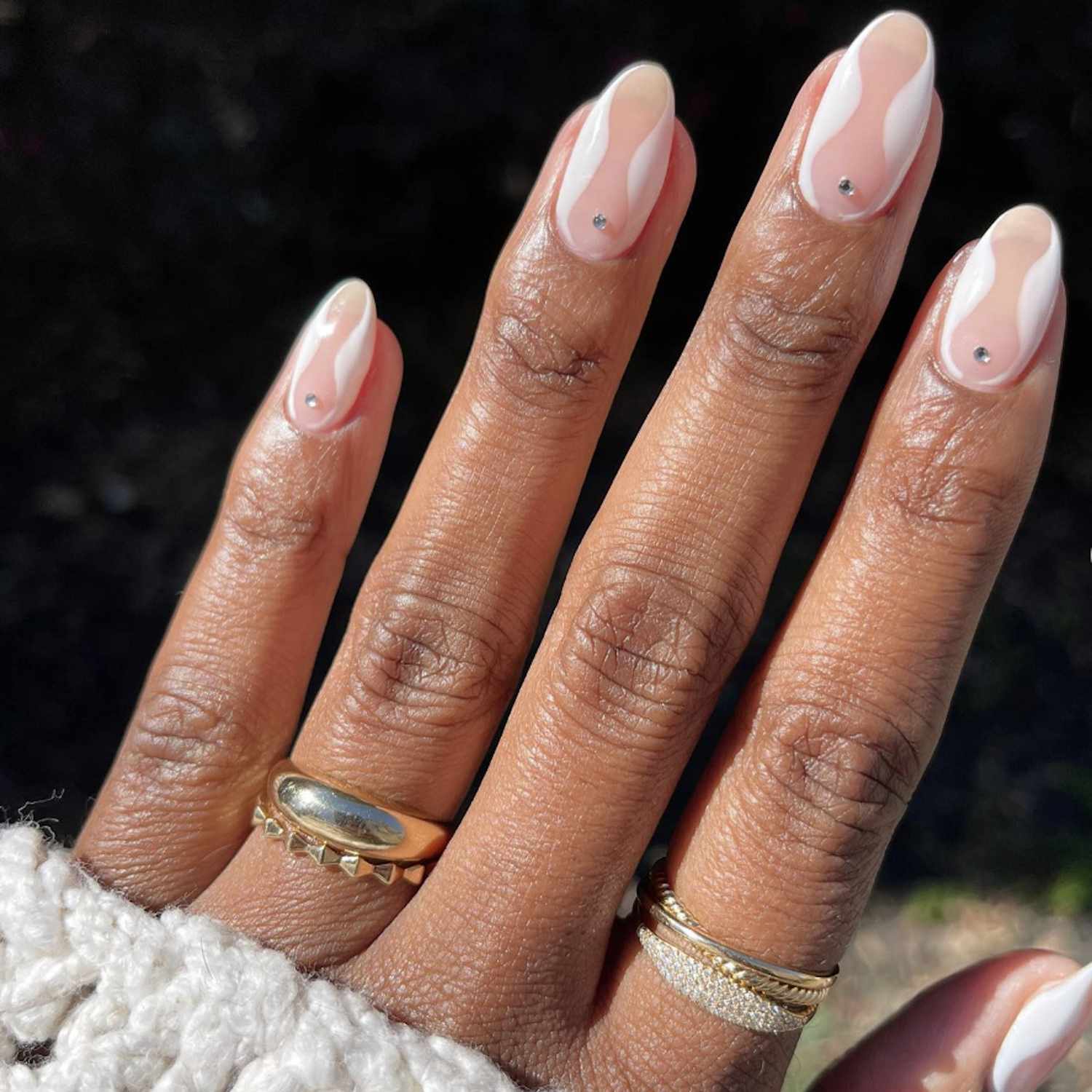 Nude Base With Wavy White French Tips Visual Idea Nude Base With Wavy White French Tips Visual Idea — Rhinestone Nails