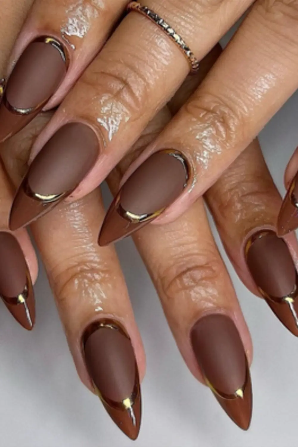 Deep Brown Matte French Tip with Gold Outline Deep Brown Matte French Tip with Gold Outline — Dark Nails