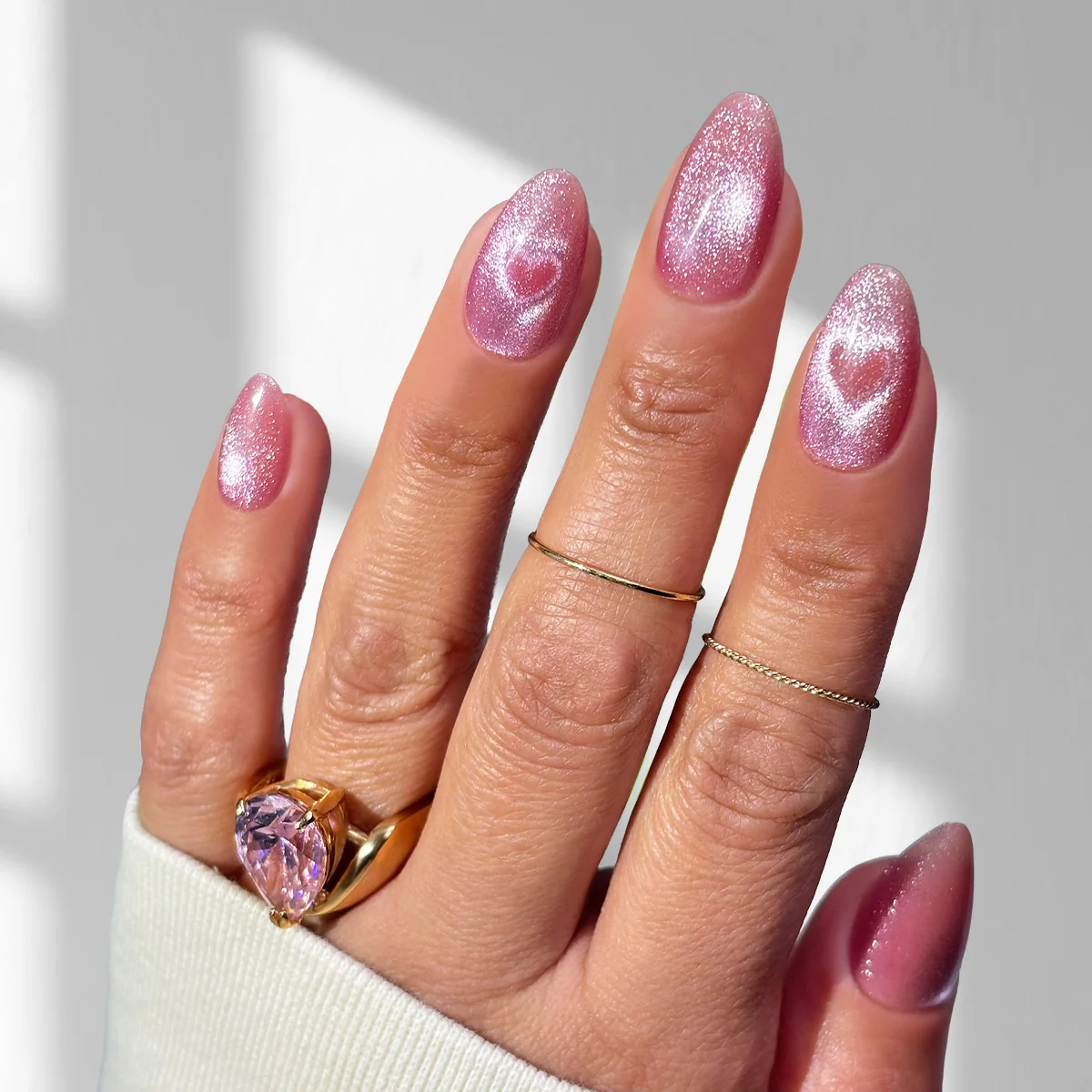 Light Pink Cat-Eye Heart Medium Almonds — Medium Almond Nails