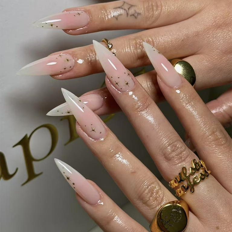 Gold Starburst Gradient Almonds Gold Starburst Gradient Almonds — Long Almond Nails