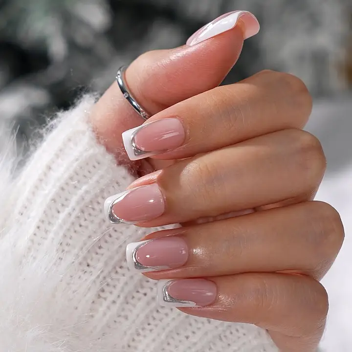 Wholesale 3D Silver Lines French Tip Nails- Square Fake Nails Press On for your store - Faire