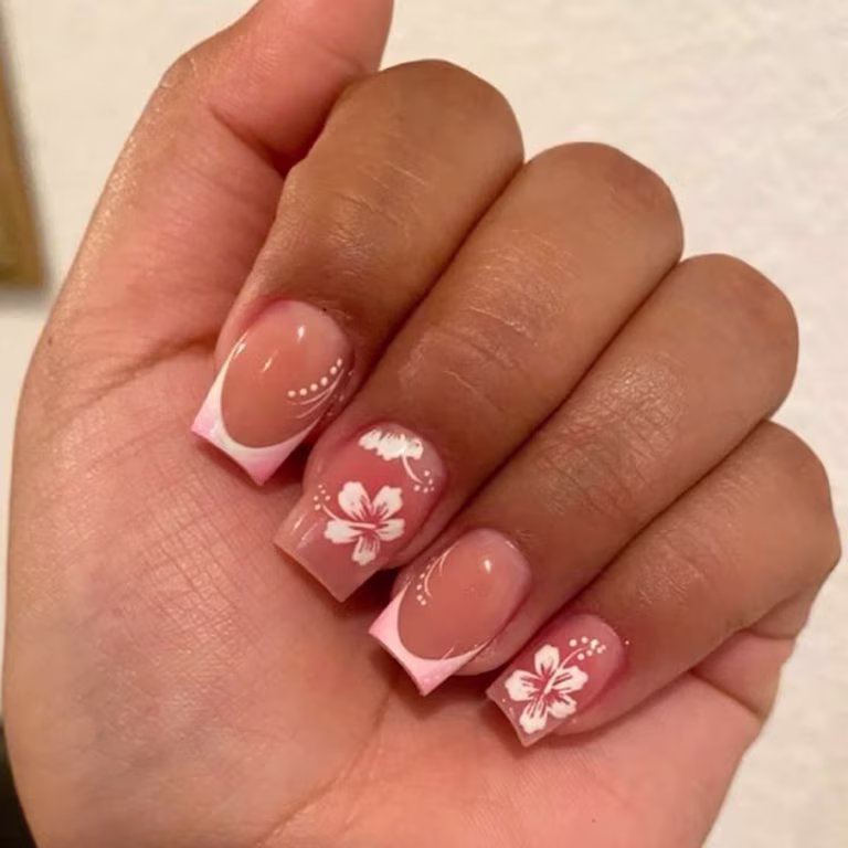 Pink French with Hibiscus Art — Short Square Nails