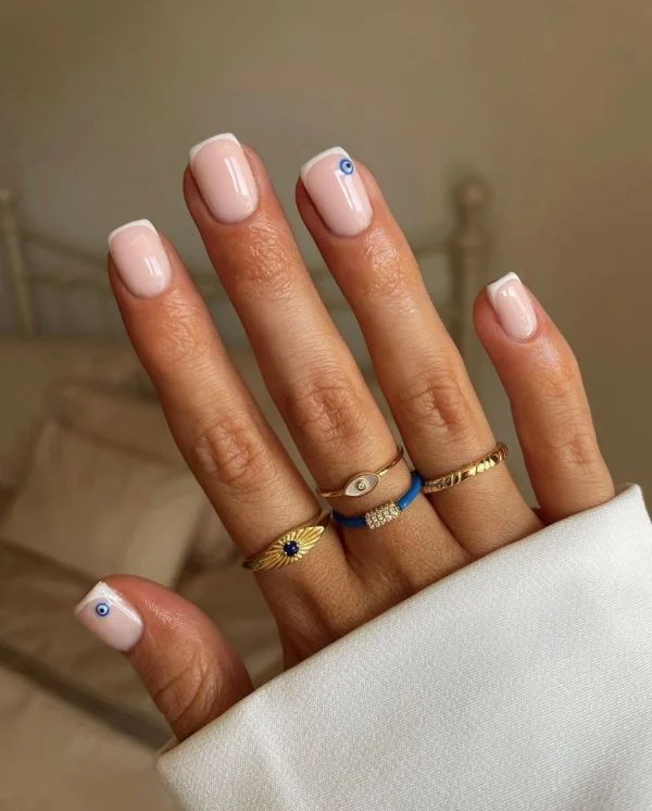 Pale Pink French with Evil Eye — Short Square Nails