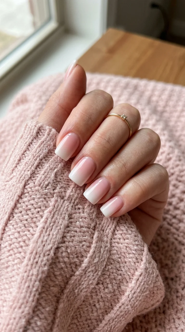 Nude Pink to White Gradient French — Short Square Nails