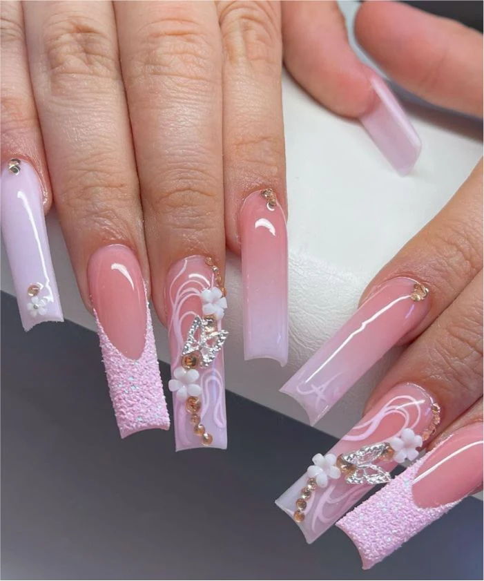 Glossy Glitter Textured Visual Idea — Long Square Nails
