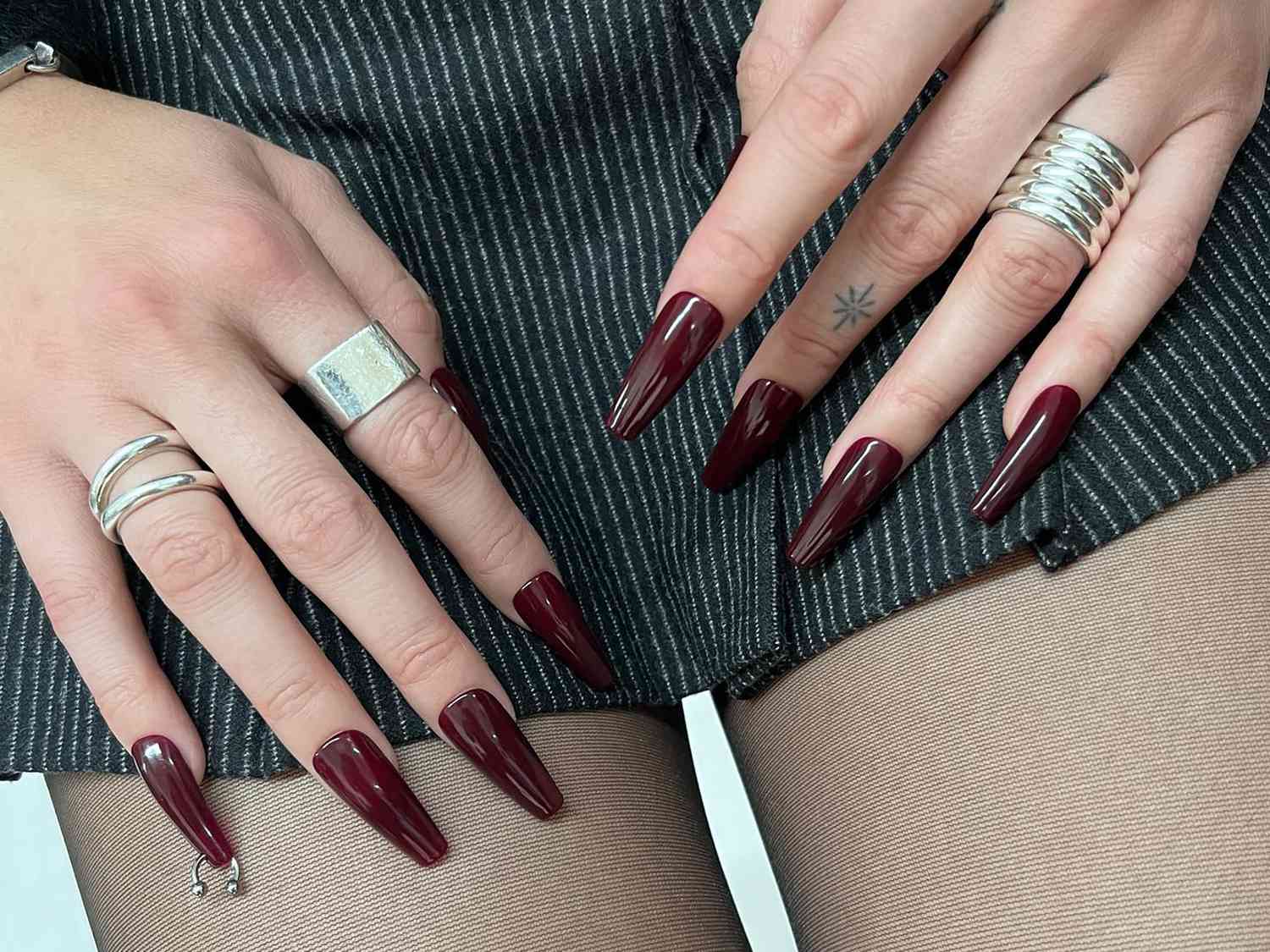 Burgundy Glossy with Gold Foil Accents — Coffin Nails