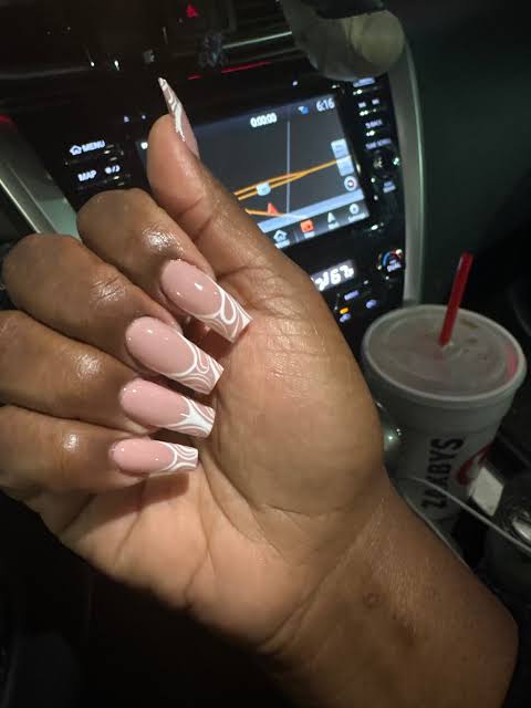 White Swirl French Tip Coffin Nails