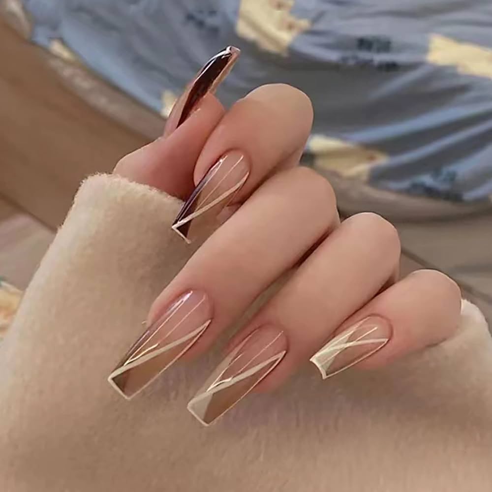 Metallic Stripes Nude Coffin Nails