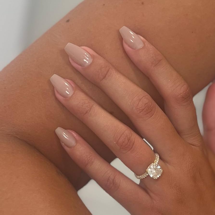 Chic Nude Beige Glossy Short Coffin Nails