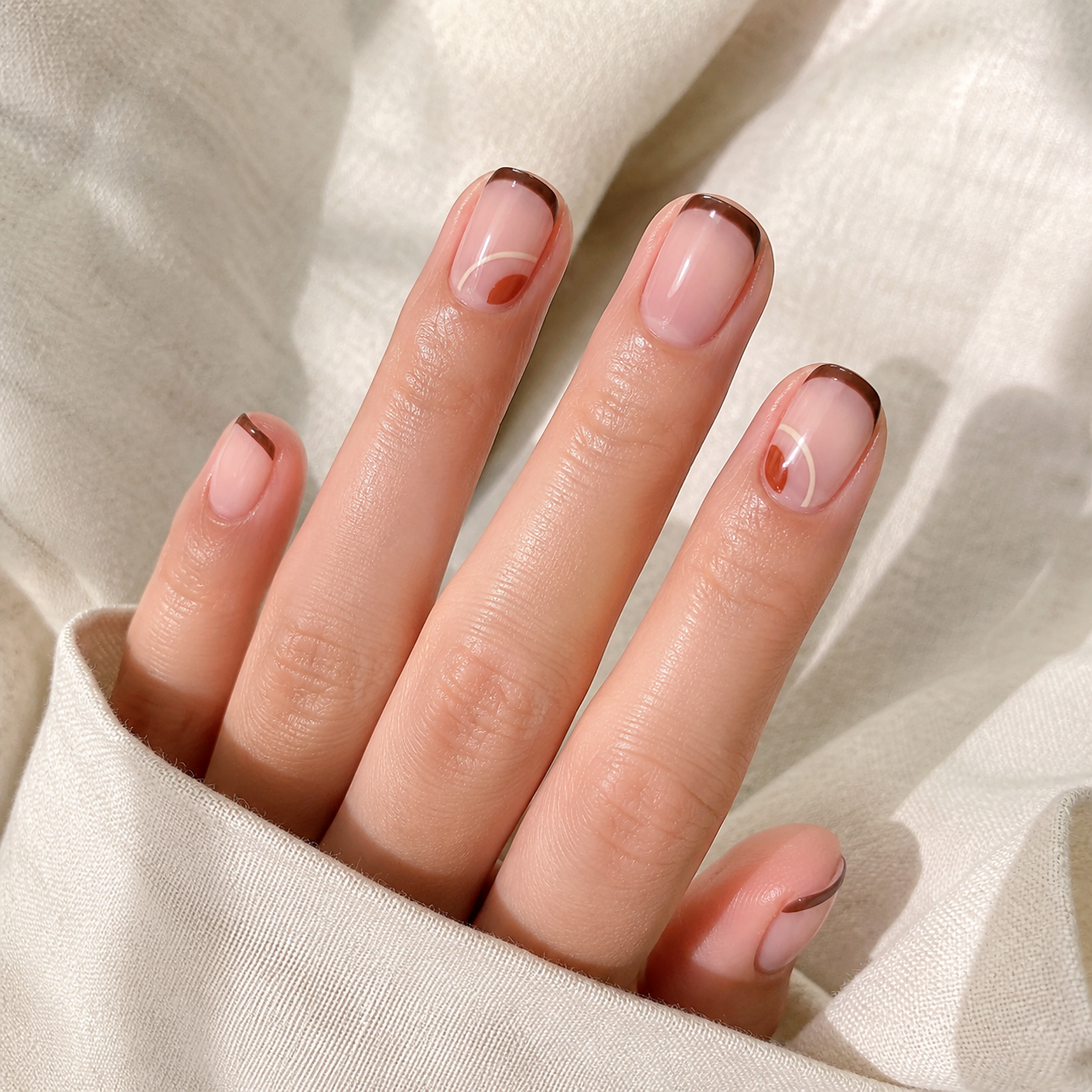 Sheer Pink Abstract Line Art — Short Round Nails