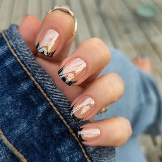 Black French Tip Squoval with White Swirls Black French Tip Squoval with White Swirls — Squoval Nails