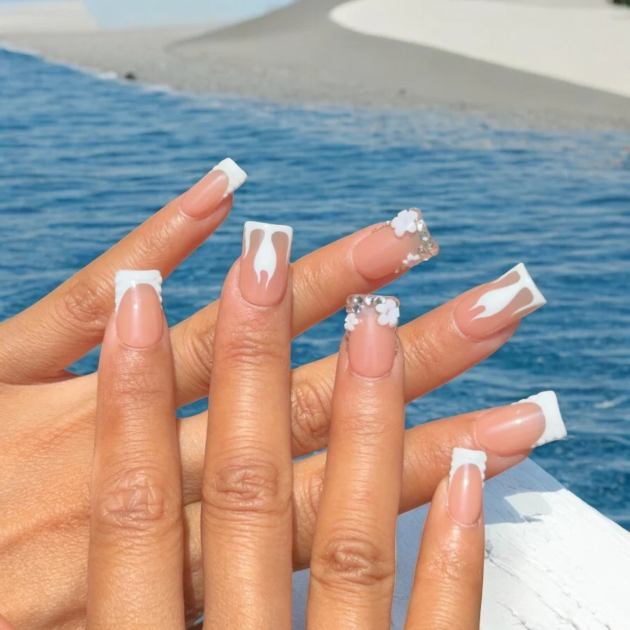 Flame Tip French with Floral Accents Flame Tip French with Floral Accents — Duck Nails
