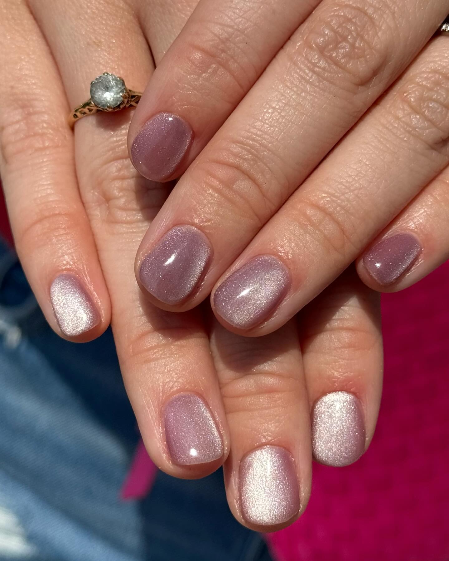 Mauve And Silver Cat-Eye Shimmer — Very Short Nails