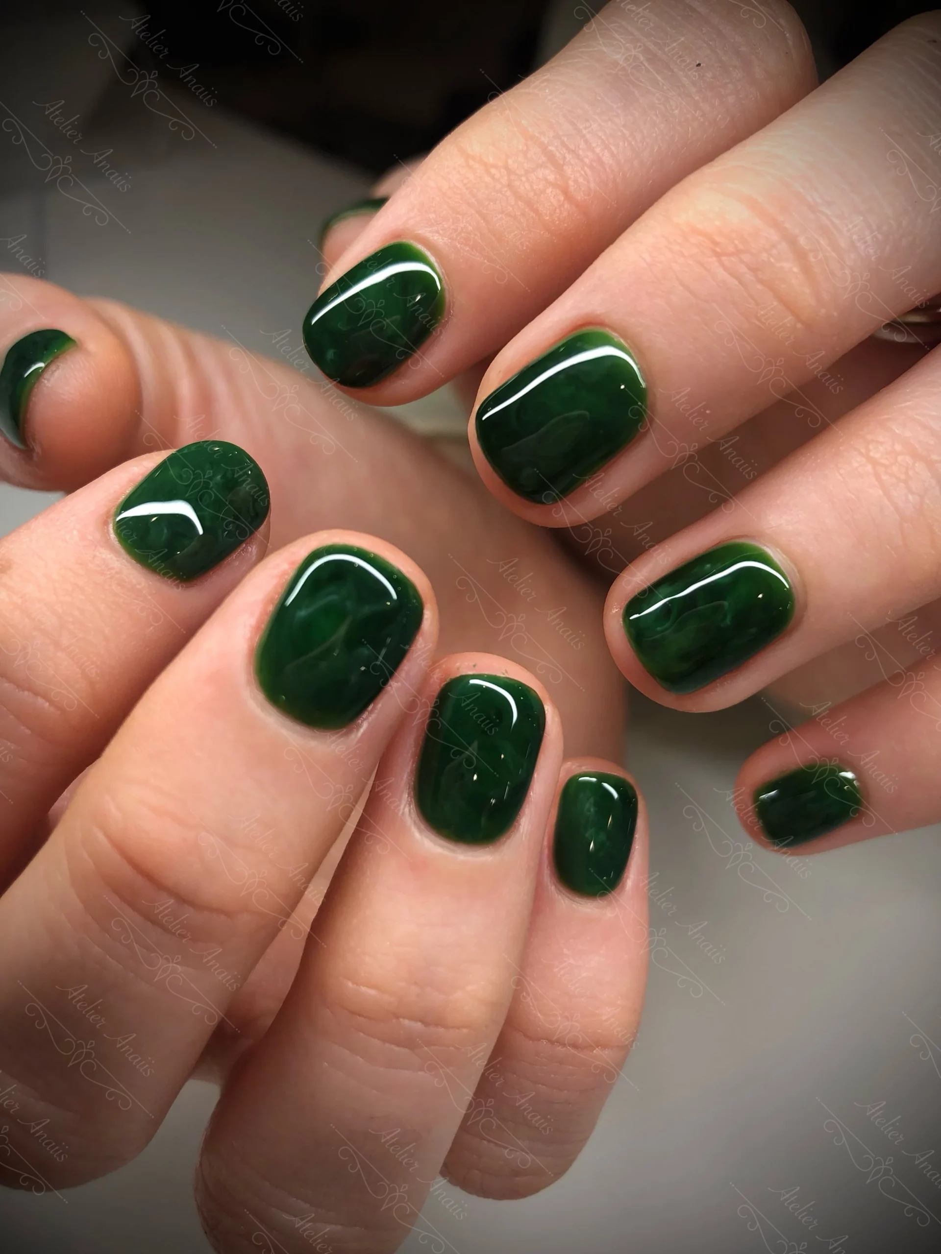 Jelly Emerald Green With Subtle Marbling — Very Short Nails