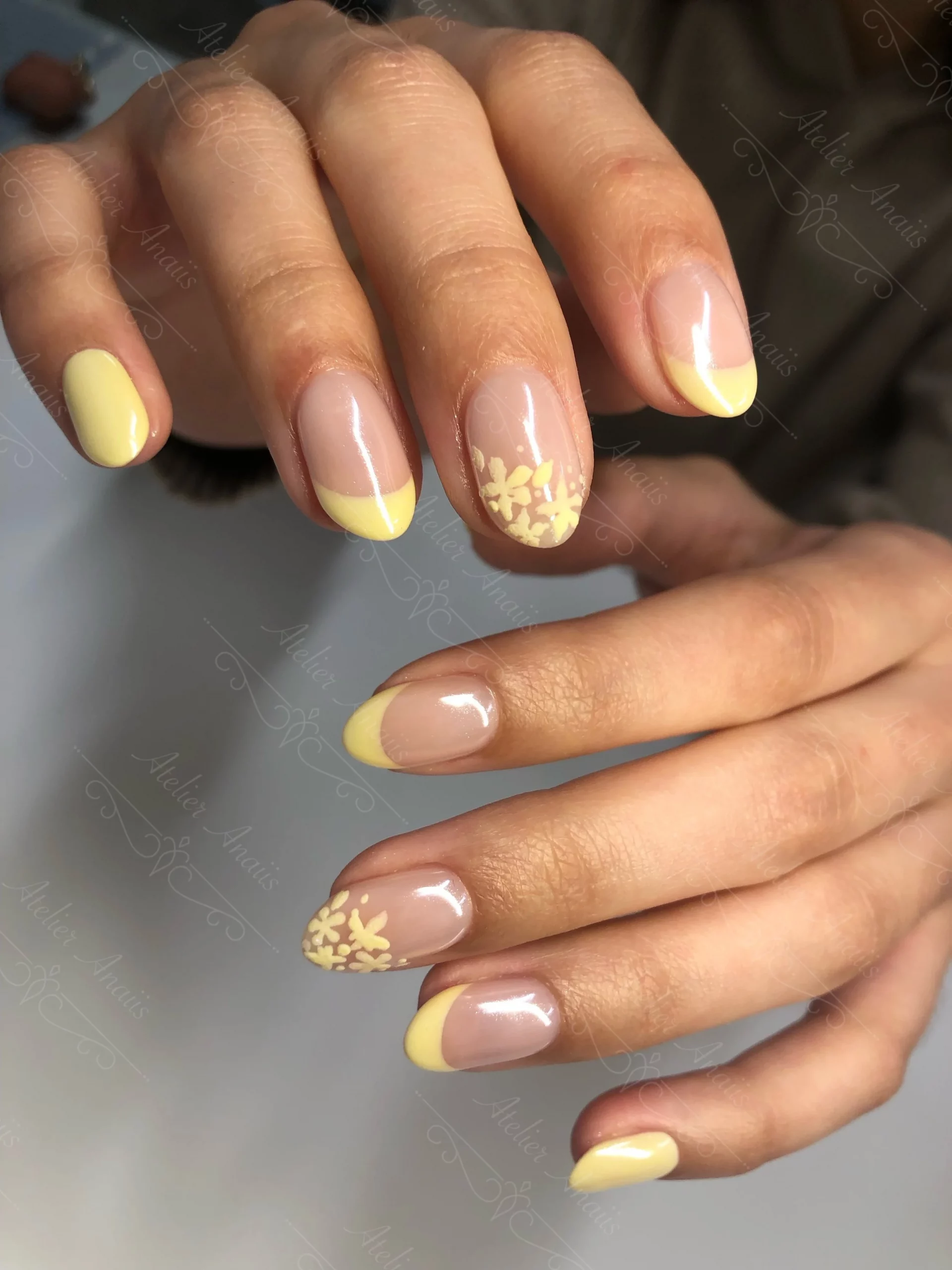 Charming Yellow Floral Decal French Tips — Medium Nails