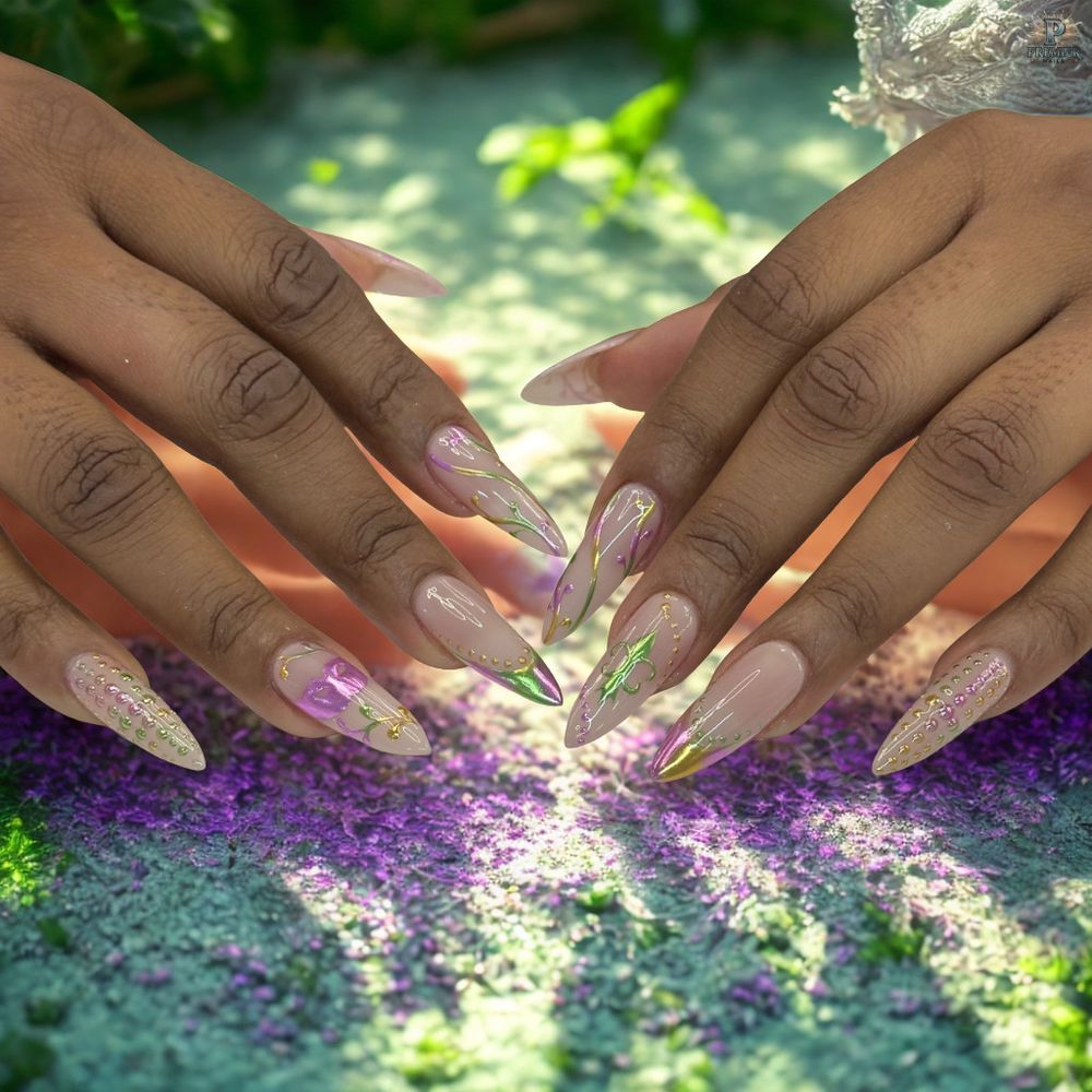Nude Stilettos with Iridescent Foil — Long Nails