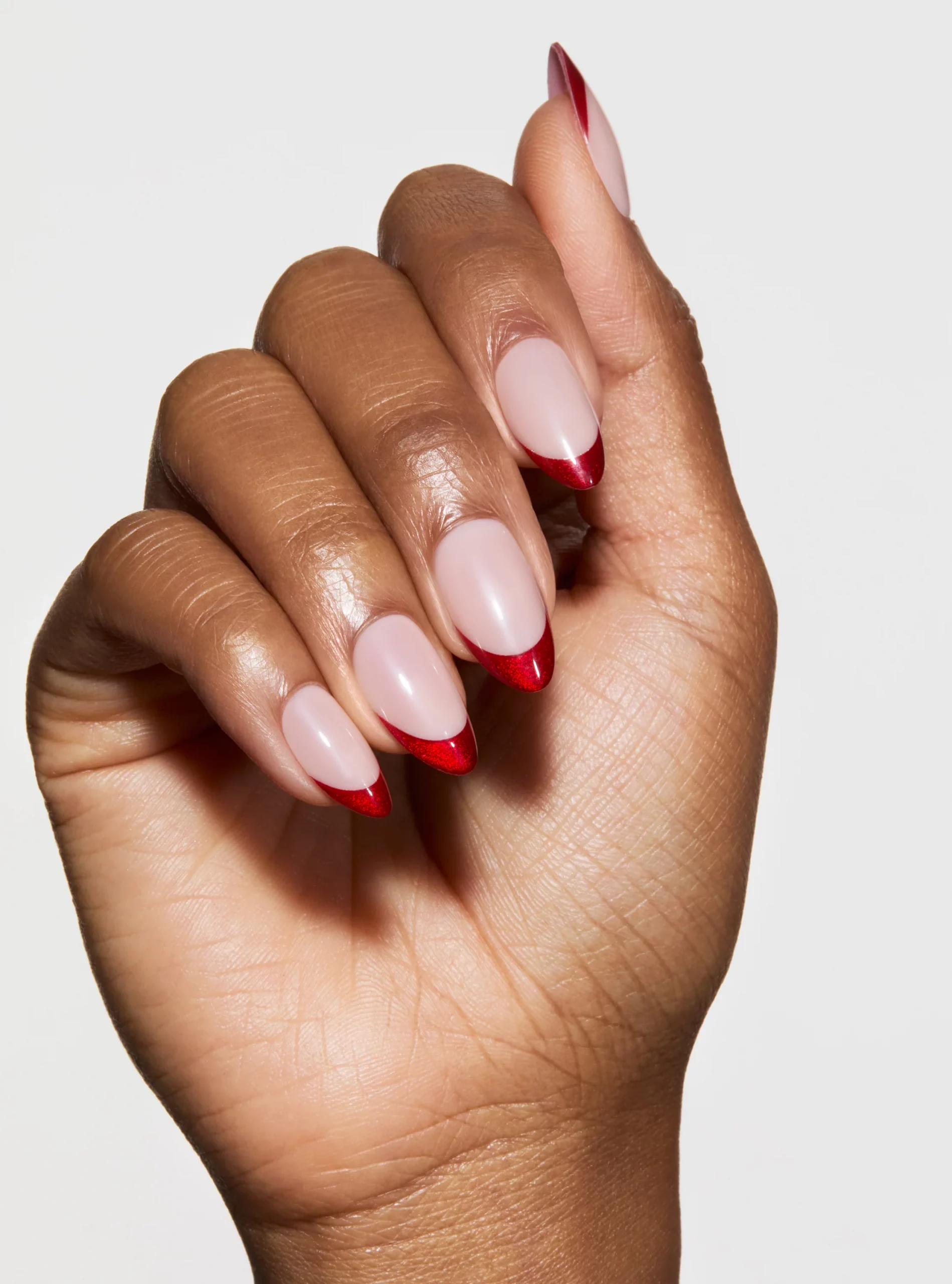 Metallic Red Glitter French Almond Nails — Acrylic Nails