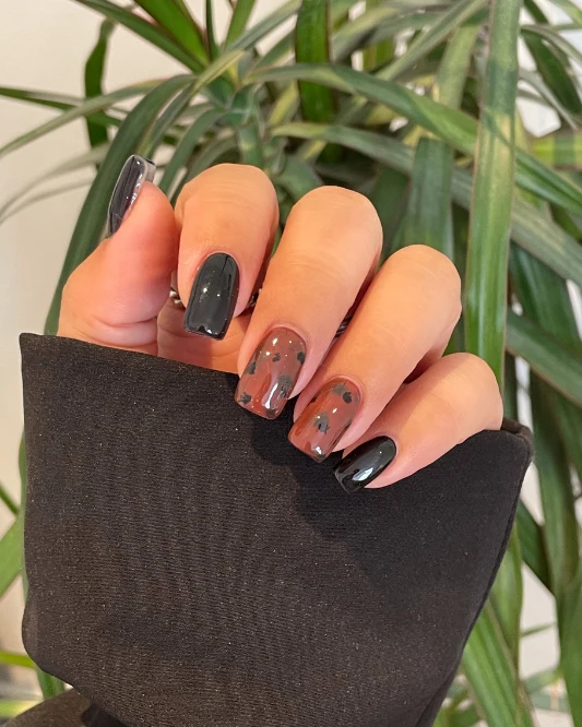 Abstract Spots on Sheer Brown Square Nails — Acrylic Nails