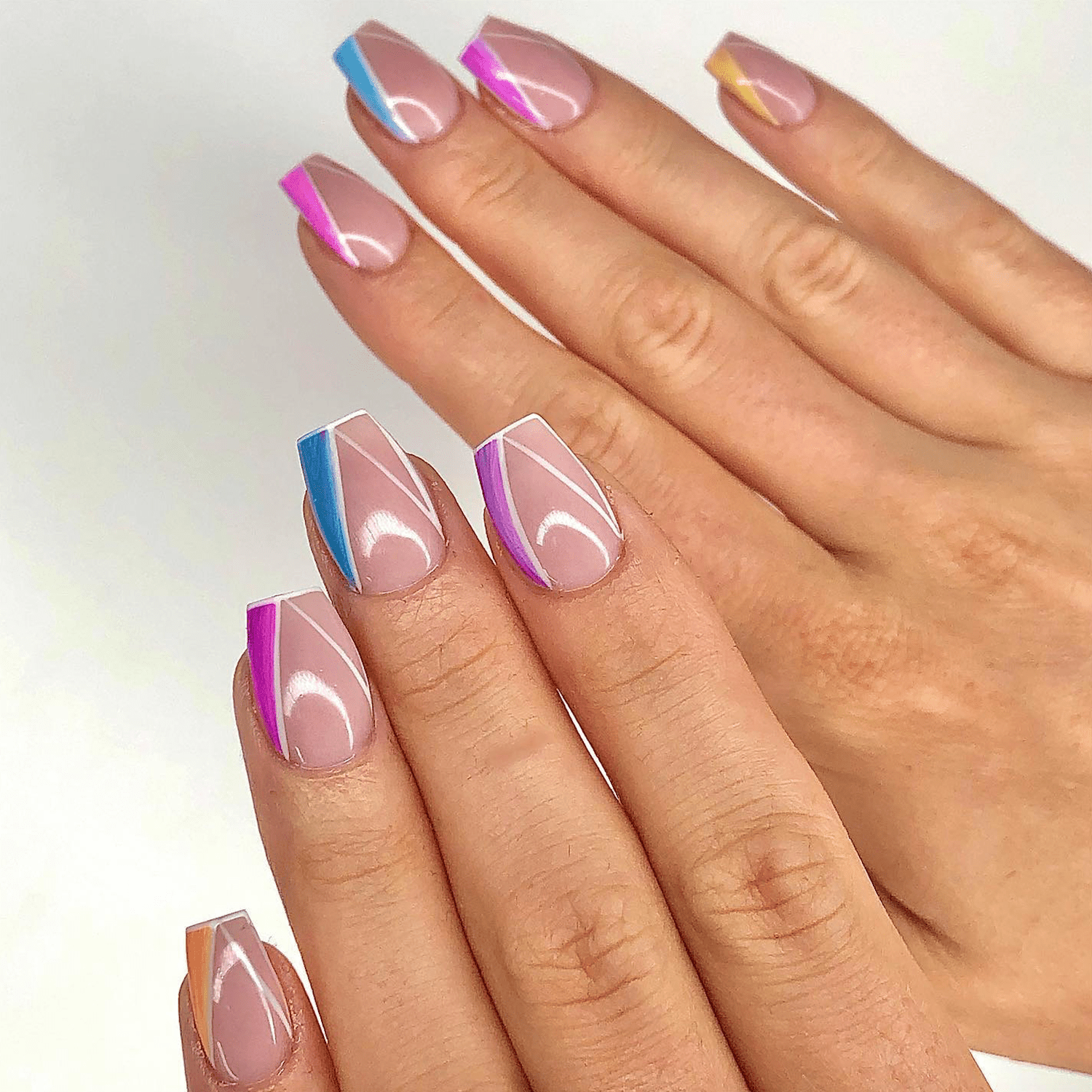 Nude Coffin with Geometric Tips — Short Acrylic Nails