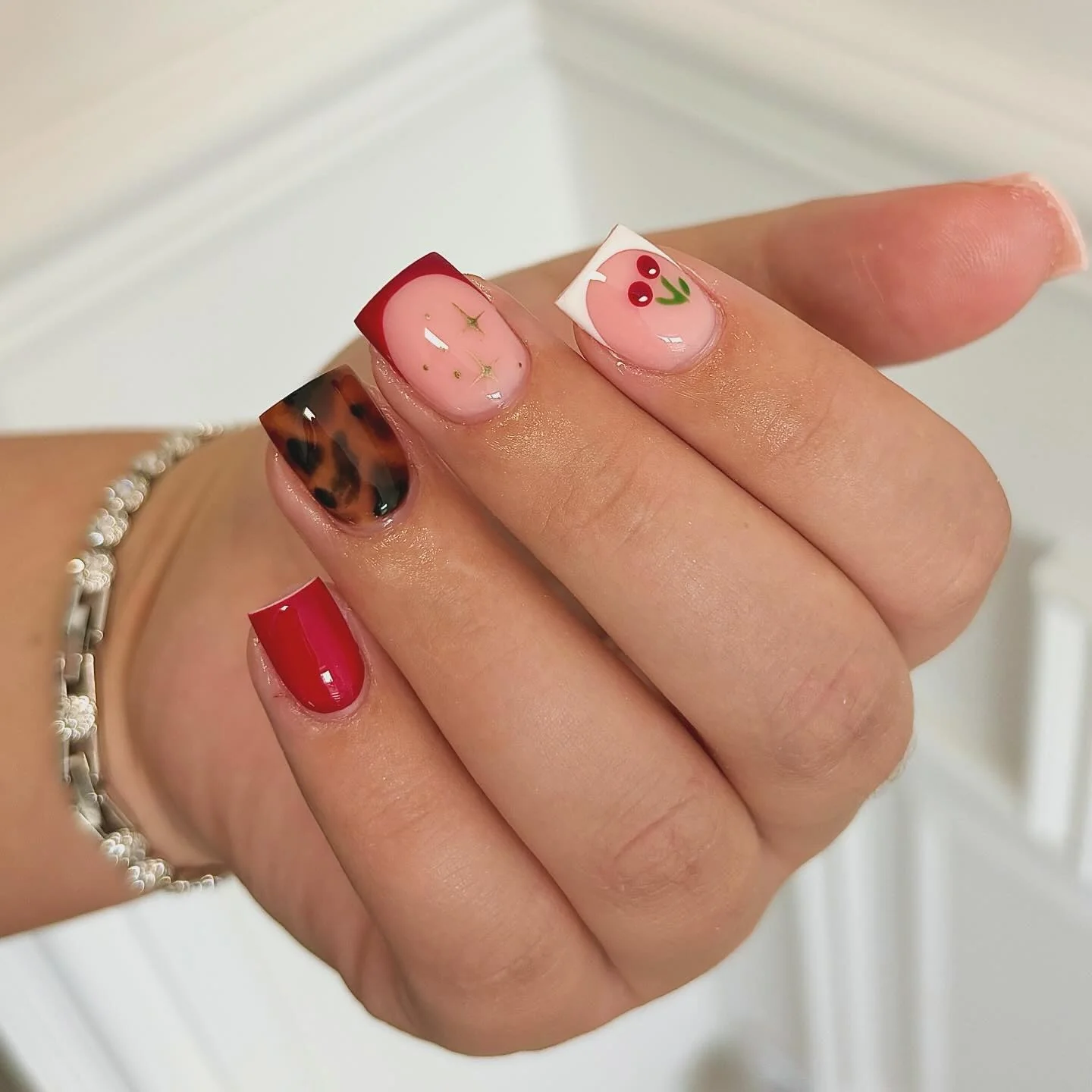 Playful Cherry, Tortoise, Stars — Short Acrylic Nails