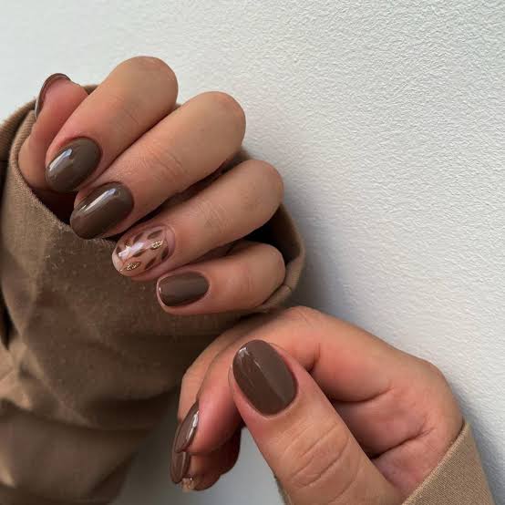 Chocolate Brown Leopard Accent — Short Acrylic Nails