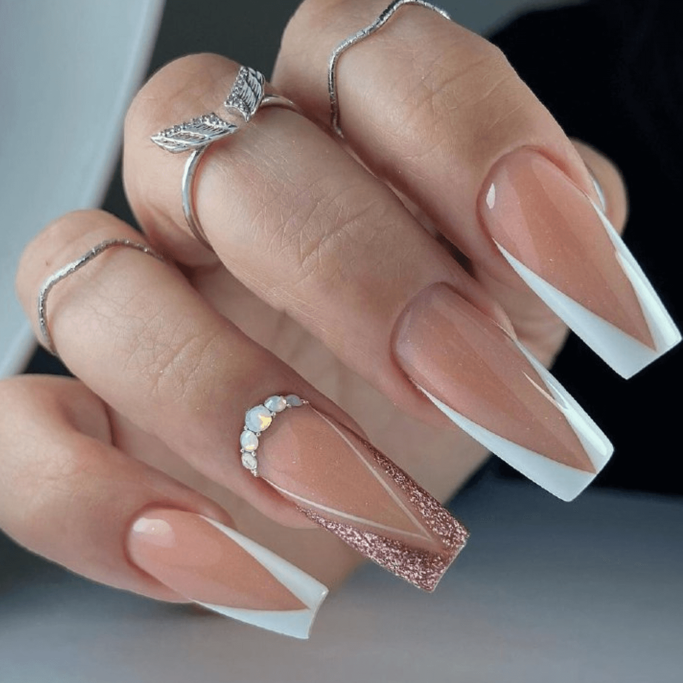 Rose Gold Glitter Accent French Square Nails — Long Acrylic Nails