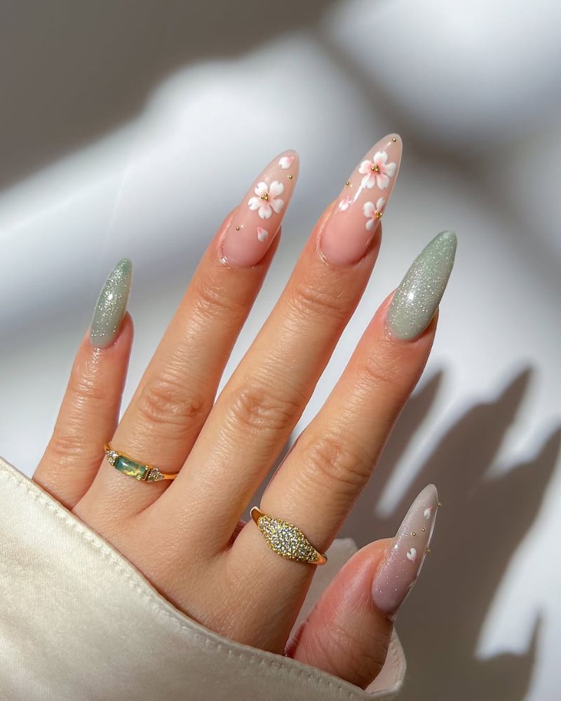 Dainty Floral Shimmer Almond Nails — Long Acrylic Nails