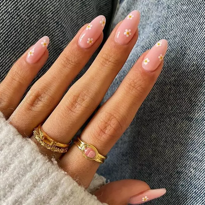 Sheer Pink Daisies on Almond Gel Nails