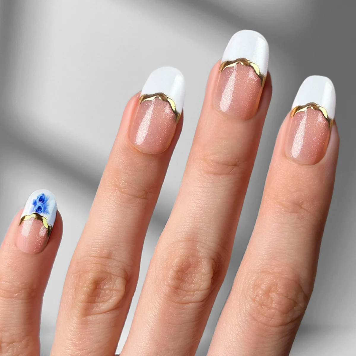 Shimmer Pink French with Gold Foil Accents — Press On Nails