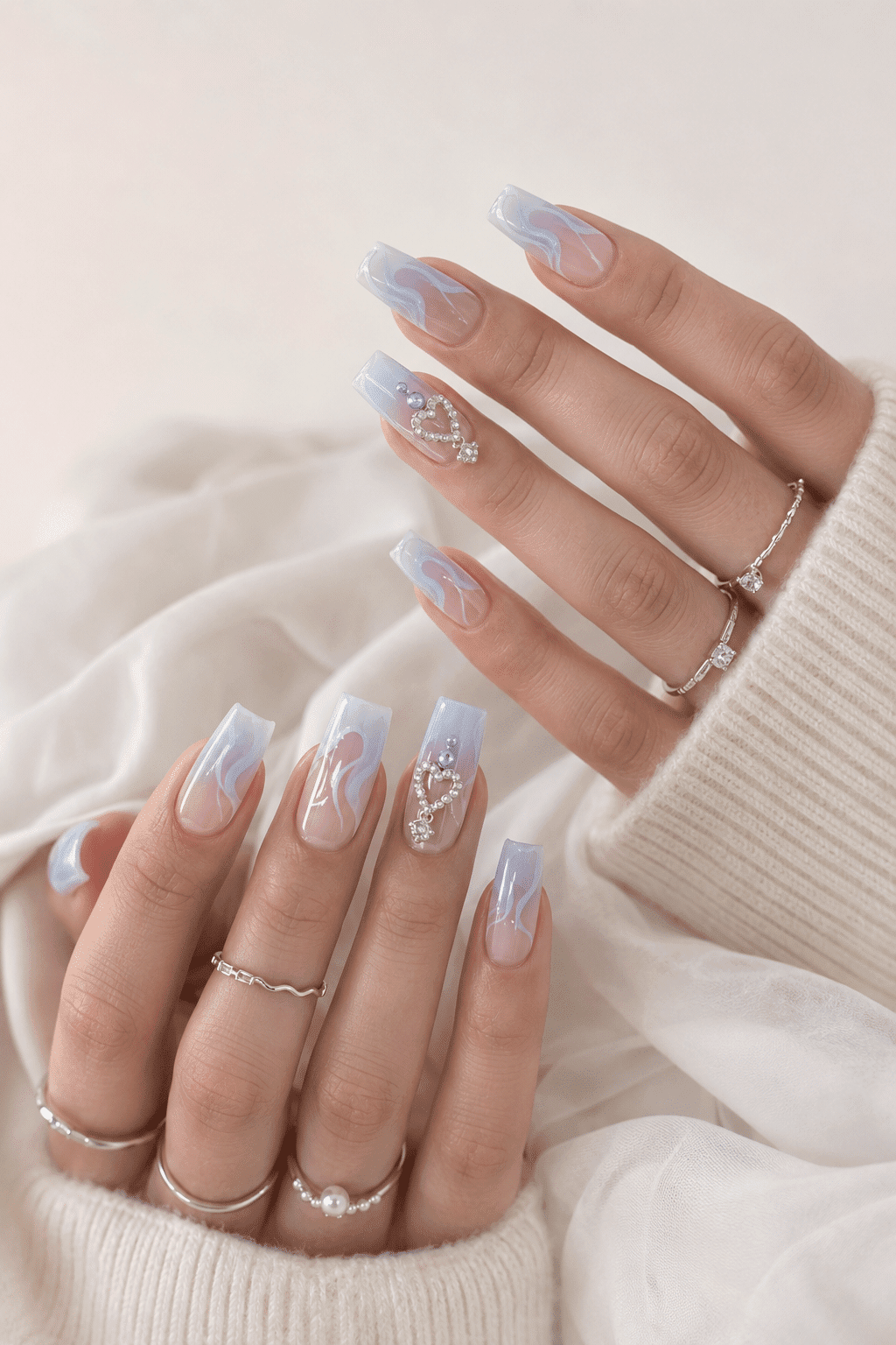Nude Flame with Heart Rhinestone Nails — Press On Nails