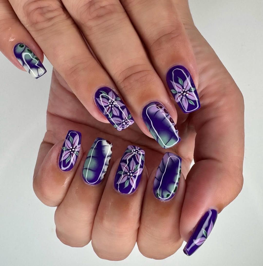 Deep Purple Floral Swirl Coffin Polygel — Polygel Nails