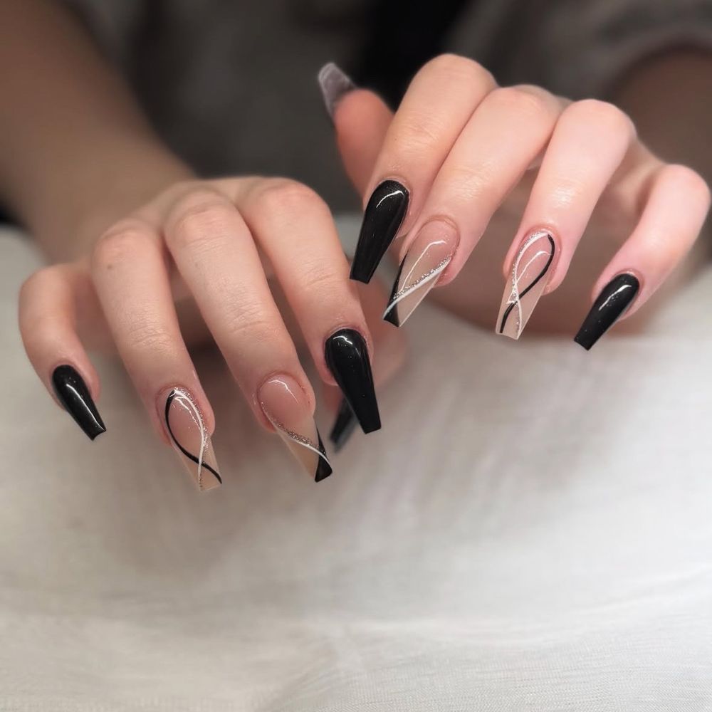 Black Nude Abstract Glitter Coffin Polygel — Polygel Nails